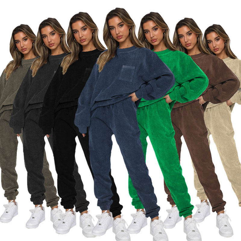 Women's Clothing Autumn and Winter New Corduroy Solid Color Round Neck Pullover Long Sleeve Two piece Fashion Pants Suit for Women_voghion.com