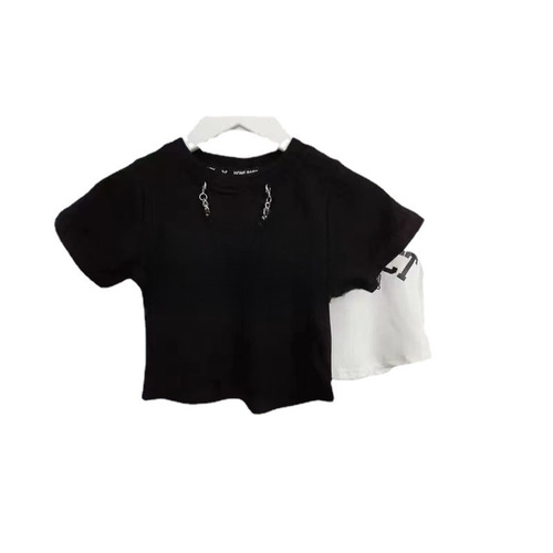 Summer Girls Short Sleeve T-Shirt Baby Chic Children's Personality Trendy Brand Korean Style Letter Chain Hong Kong Style Fashionable Top 