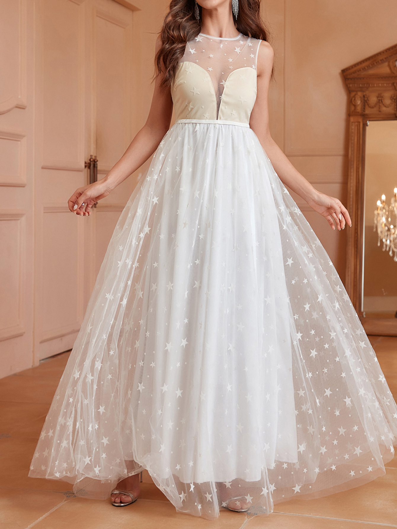 Vestido largo de malla transfronteriza europea y americana vestido popular vestido largo Amazon sexy sin mangas vestido de banquete de boda