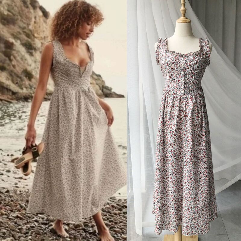 Red Soy Milk Fruit·Lib*Rty Sweet Floral Waist Pleated Sleeveless Dress