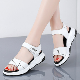 Summer Thick-Soled Sandals for Women 2025 New Style Cowhide Comfortable Flats-Soled Student Casual Shoes Mid-Heel Velcro Beach Shoes