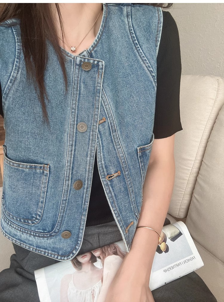 Áo vest denim nữ ngắn tay rộng rãi phong cách thời trang xuân hè — Xanh denim chi tiết 6