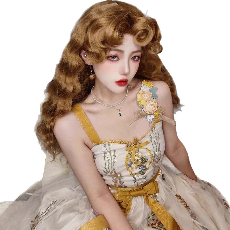 公主日记-假发女金棕色法式蓬松羊毛卷Lolita假发华丽复古全头套|undefined