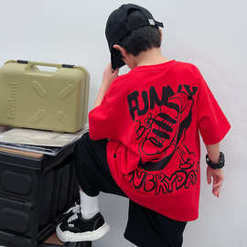 男童夏装红色鞋子图案印花宽松T恤中大童儿童纯棉短袖潮韩版童装