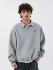 Textured Silhouette Lapel Sweatshirt Men's Autum New Retro Loose Long-Sleeved Polo Pullover Collar Button Jacket