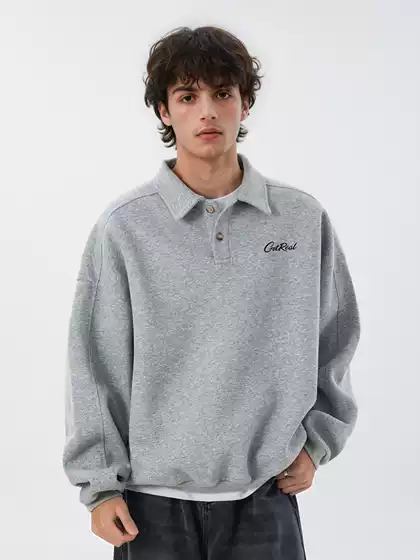 Textured Silhouette Lapel Sweatshirt Men's Autum New Retro Loose Long-Sleeved Polo Pullover Collar Button Jacket