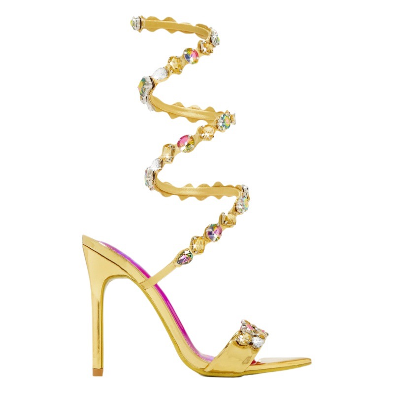 Nuevo Oro Negro 11cm tacón de aguja pequeño punta redonda satén rhinestone Sandalias de tacón alto verano remache tacones comercio exterior