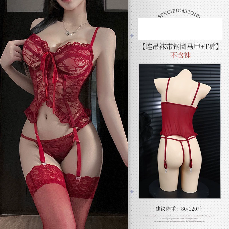 Комплект бюстье с кружевной поддержкой, бюстгальтер-лиф Purple Lace с подвязками и чулками, one size
