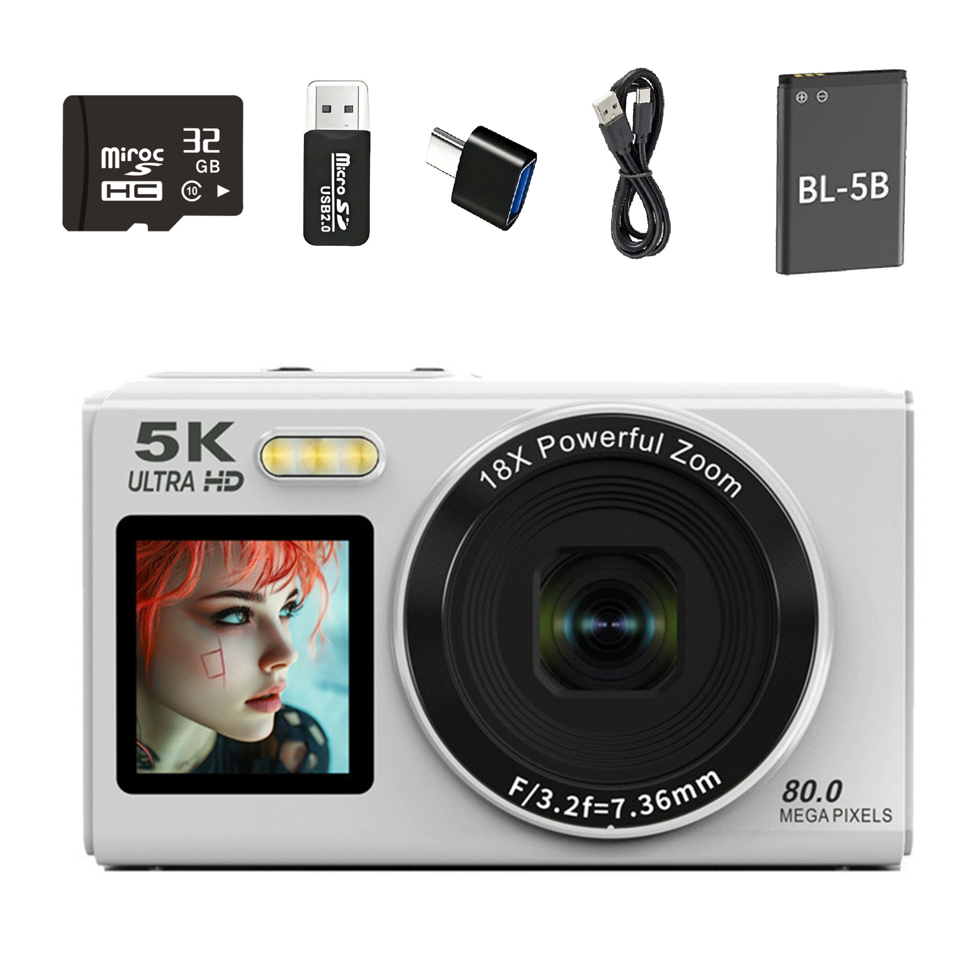 Цифровая камера ручная 5K Ultra HD, 18× зум, 80 Мп, компактная 21×15×10 см