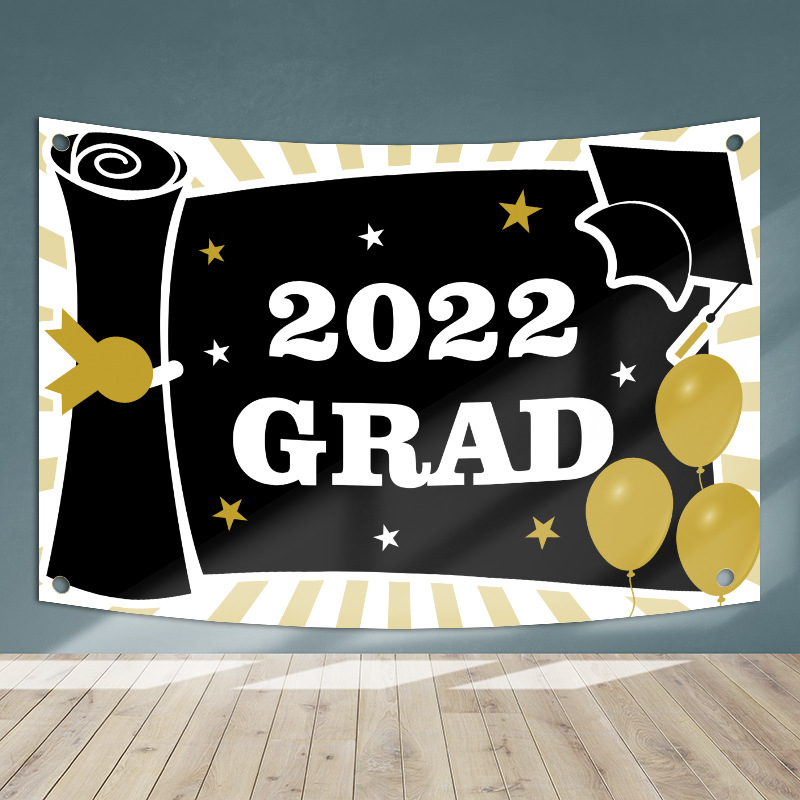 Banner de cartel de temporada de graduación transfronteriza nueva tela colgante fiesta de graduación decoración de fiesta impresión creativa tela de fondo de oro negro image 11