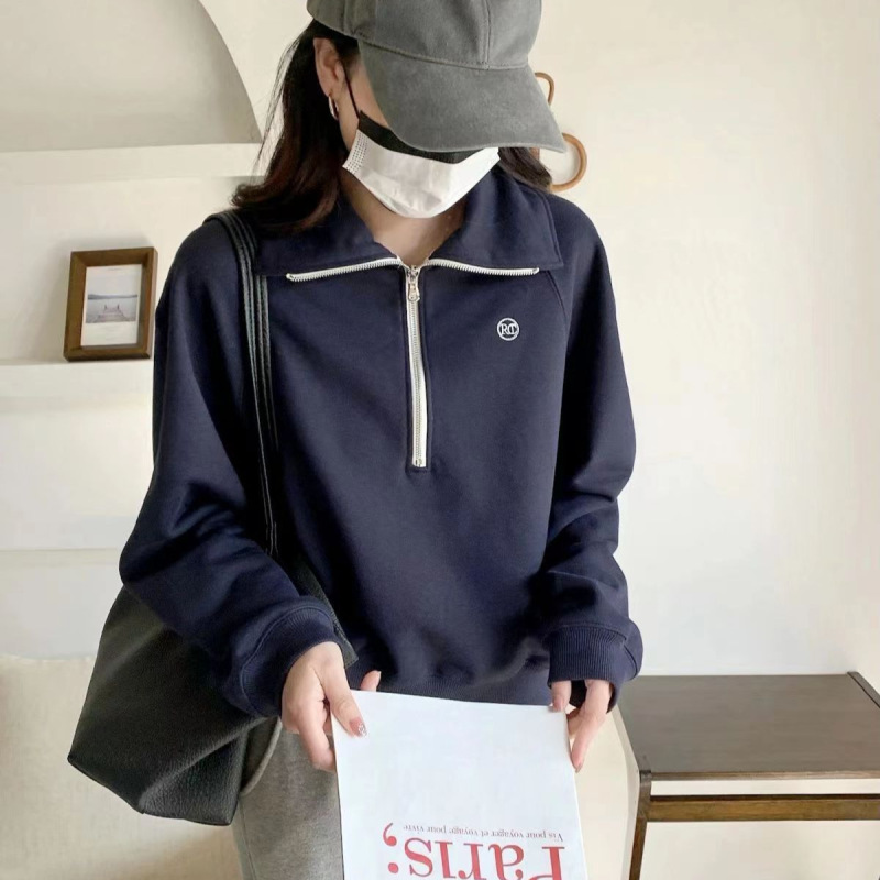 现货韩国潮牌韩国代购卫衣刘亚仁同款翻领半拉链短款时尚高腰卫衣|undefined