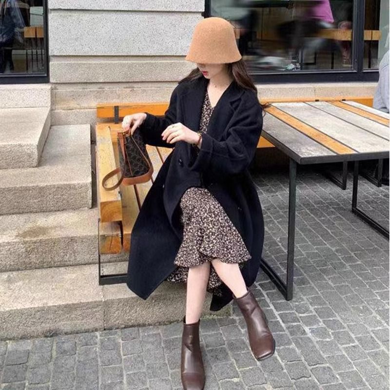 燕麦色双面呢绒大衣女中长款2025秋冬季新款韩系过膝毛呢外套|undefined