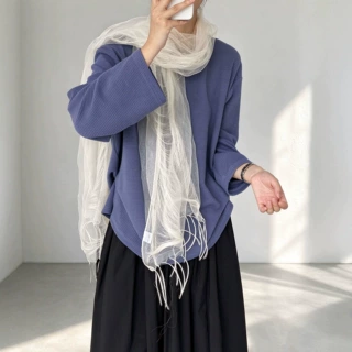 松弛感日常华夫格长袖 T 恤女 圆领宽松秋冬叠穿肌理打底衫