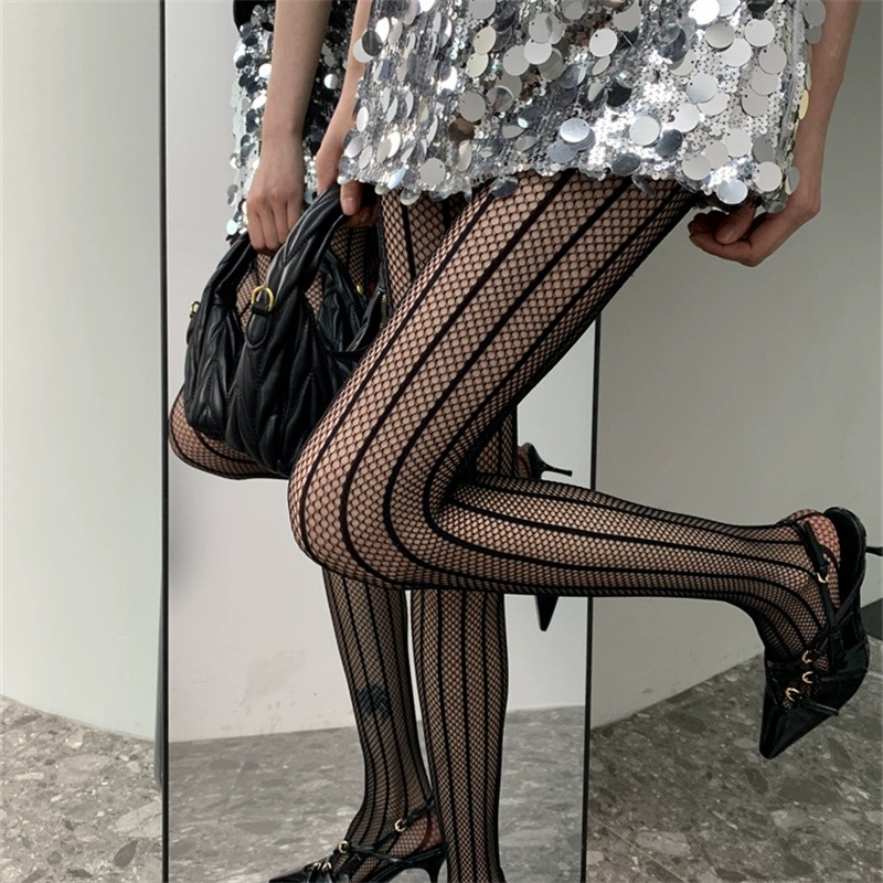 Striped Fishnet Stockings For Women, Thin Sexy Black Pantyhose_voghion.com
