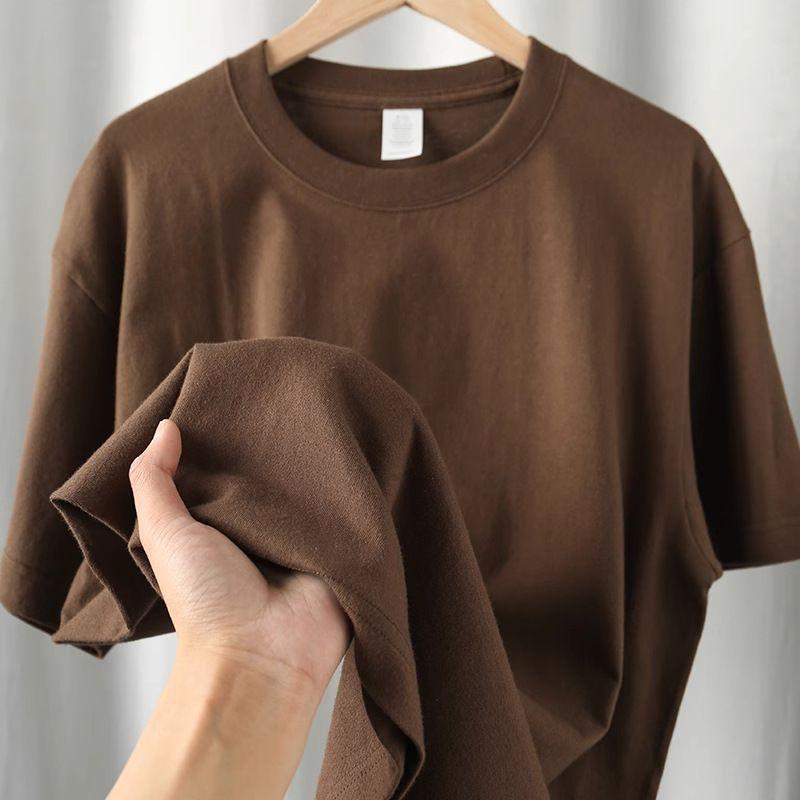 Retro Brown 300g Heavy Combed Cotton Round Neck Short-Sleeved T-Shirt Men's Loose Casual Work Clothing Simple T-Shirt