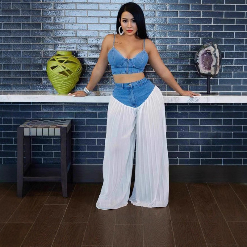 Cross-Border Exclusive European and American Style Sexy Low-Cut Strap V-Neck Backless Ruched Loose Wide-Leg Denim Set