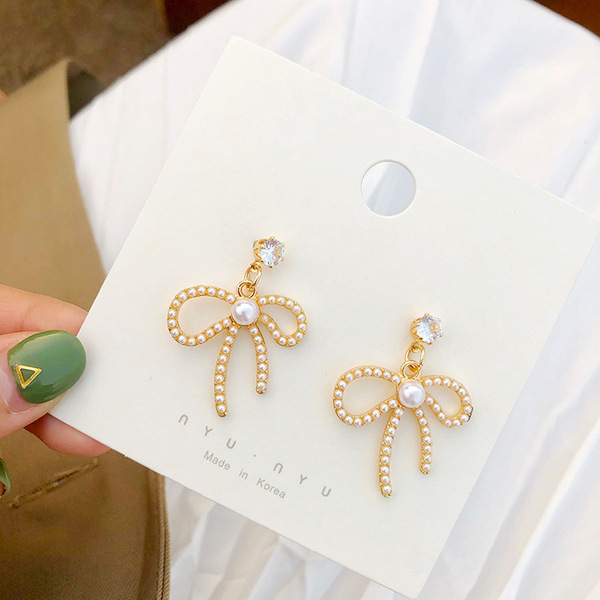 Fashionable cute retro earrings with bow with zircon from pearl