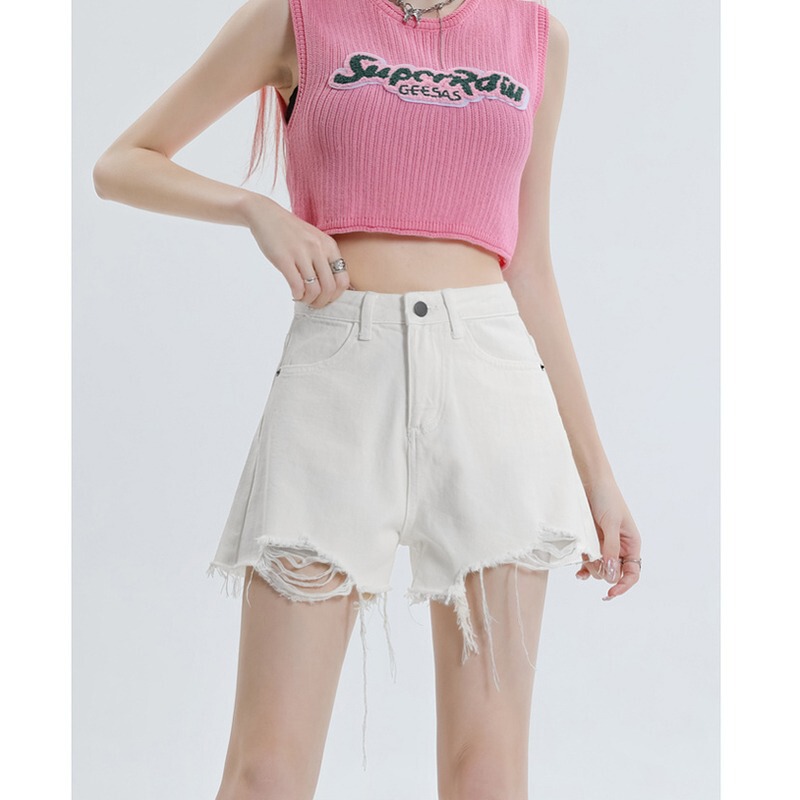 Sweet and Spicy High Waist Denim Three-point Pants Women's Summer New Spice Girl A- character Internet Celebrity Slimming Loose Wide-leg Jeans Trendy