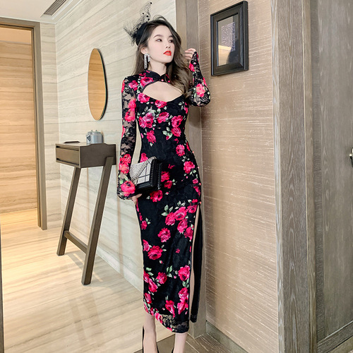 Fuchsia rose flowers with pink Qipao Dresses for women lace Retro Improved cheongsam dress miss etiquette Slim Hollow Split Cheongsam Dress