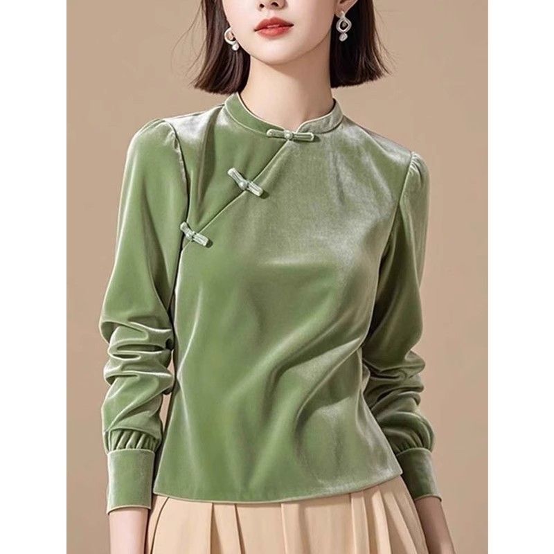 This Year's Popular Beautiful Little Tops for Women, New Chinese Style Retro Loose and Versatile Stand-Up Collar Buttoned Green Velvet Shirts