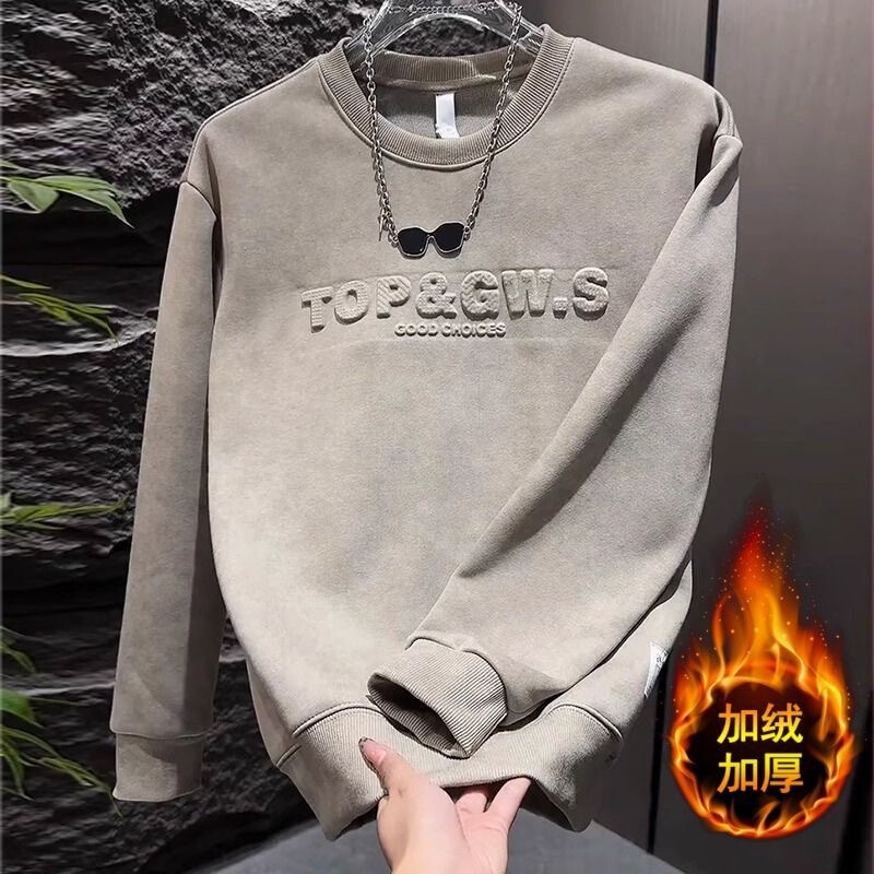 2025 New Autumn and Winter Velvet Thickeneded 3D Stereo Letter Stamped Sweatshirt for Men Contrasting Color Smudged Long-Sleeved T-Shirt for Men