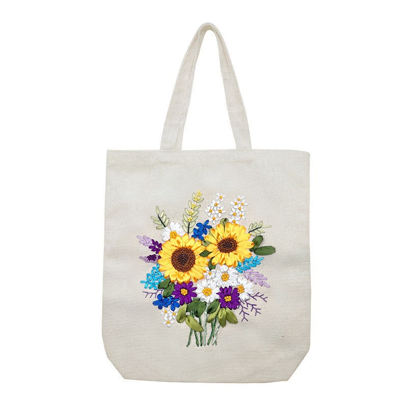 Hecho a mano DIY cinta bordada bolsa de lona Lu bordado solo hombro bolso tridimensional bordado flor lienzo mujer bolsa grande