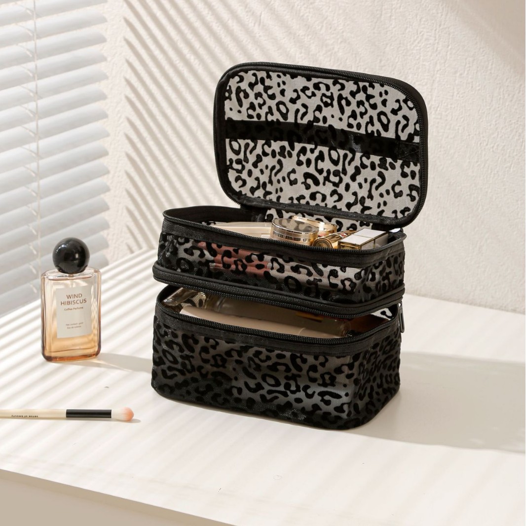 Bolsa de cosméticos de doble capa negra de malla gruesa, bolsa de almacenamiento de cosméticos de alta calidad de gran capacidad, bolsa de lavado transparente portátil