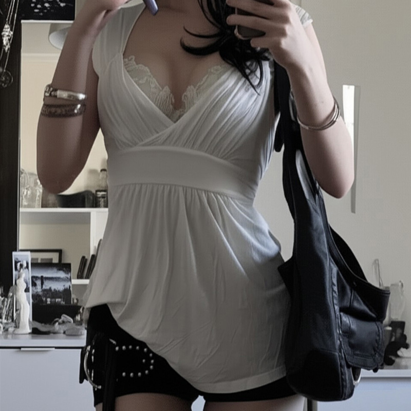 Pure Desire Hot Girl Style White Lace Patchwork Knitted Top Summer New Product Pleated Slim V-Neck T-Shirt for Women Pure Desire Hot Girl Style White Lace Patchwork Knitted Top Summer New Product Pleated Slim V-Neck T-Shirt for Women