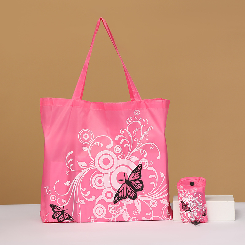 Bolsa de compras plegable de flores de mariposa Portátil Bolsa de protección ambiental en stock logotipo imprimible bolsa de almacenamiento de tela de poliéster Oxford