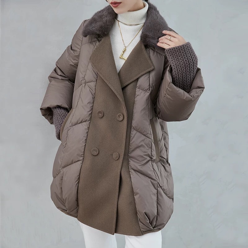 2025 New Mink Fur Collar Double-Sided Cashmere Coat High-End Goose down Jacket down Coat Women's Mid-Length Fur Coat