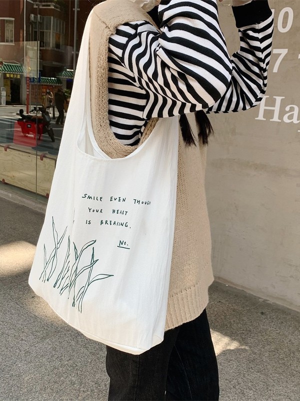 22274 清新印花小绿叶系带背心包大容量上课书包学生休闲袋帆布包|undefined