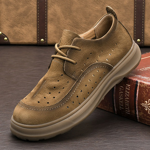 Summer New Leather Shoes Men's Leather Perforated Casual Shoes Real Cowhide Lace-up Hollow Men's Shoes Top Layer Cowhide Sandals for Men