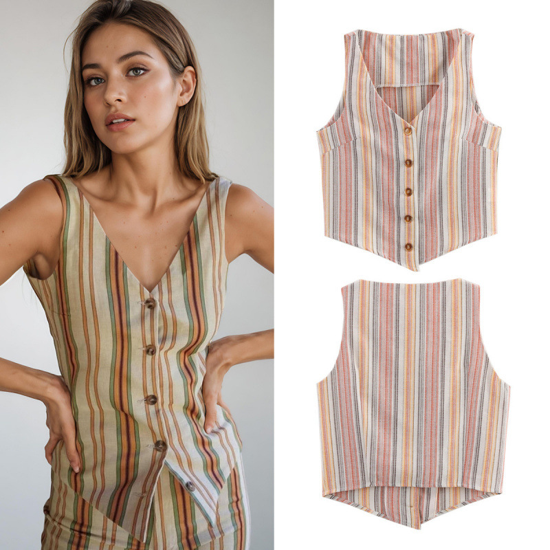 Foreign Trade Cross-Border 2025 Summer European and American Fashion Single-Breasted V Neck Spun Linen Stripesd Vest Vest for Women A15037