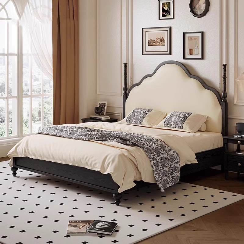 Cama de cuero francesa retrógrada Yunxi 1.8m negro cama de matrimonio doble cama de madera de cera de estilo retrógrado