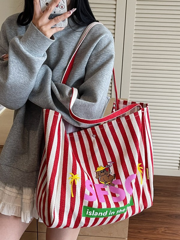Versión coreana de Dongdaemun a rayas de dibujos animados estampado Mommy Tote lona bag 2025 nuevo estilo perezoso bolso de hombro mujer