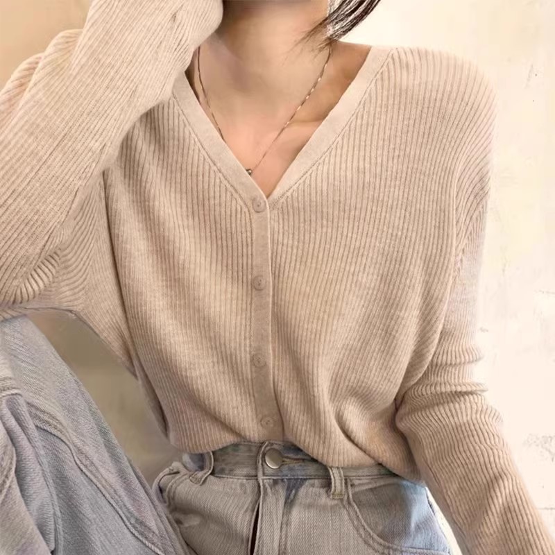 针织衫女v领开衫2025新款黑色薄款打底上衣春秋灰色内搭毛衣外套|undefined