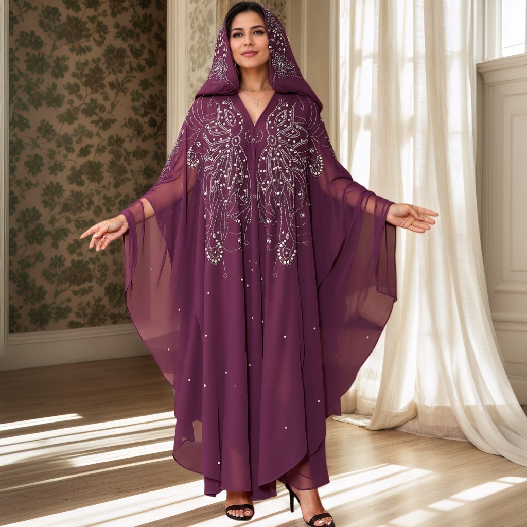 Kaftan mit Kopftuch – Besticktes Maxikleid mit langen Ärmeln (Einheitsgröße, Blumenmuster/Schwarz/Weiß/Dunkelviolett/Blau/Khaki)_voghion.com