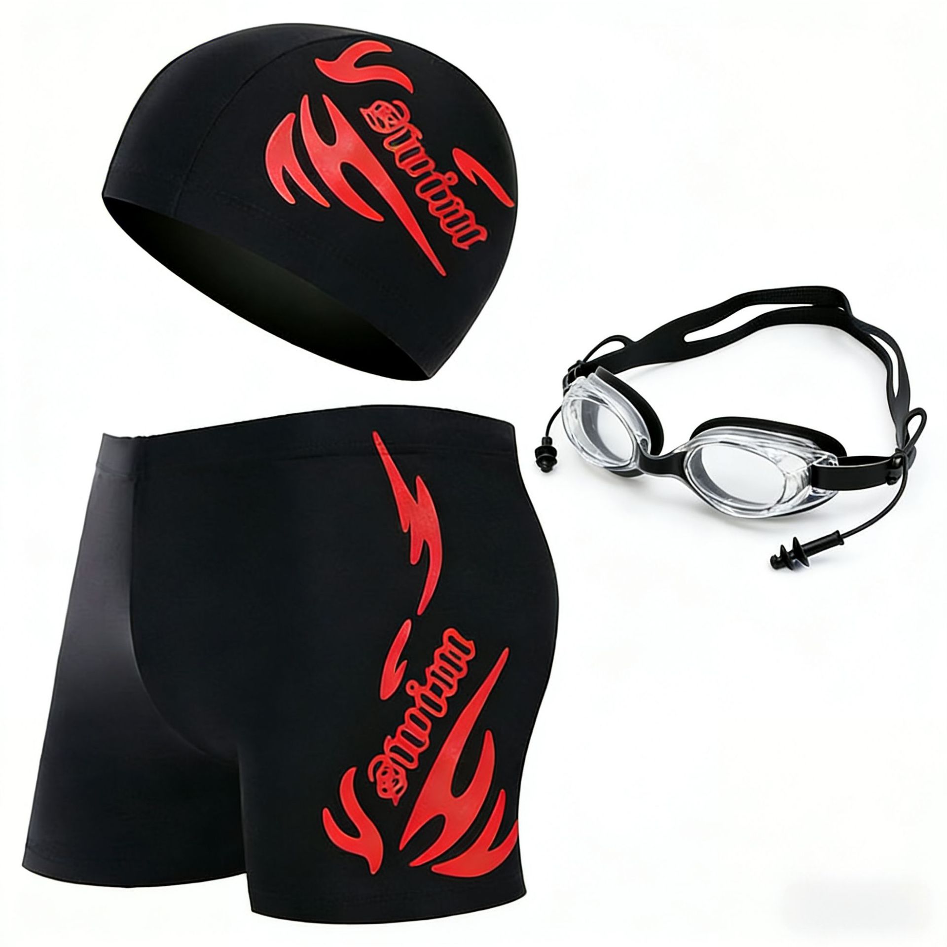Men's Hot Spring Swim Trunks Flame Set with Swimming Goggles and Swim Cap, Beach Shorts, Elastic and Comfortable, Anti-Embarrassment Boxer Swim Trunks Set
