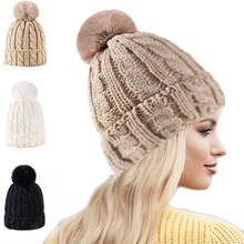 2023歐美冬季新款毛線帽純色腈綸單球麻花毛球女士保暖針織帽加絨