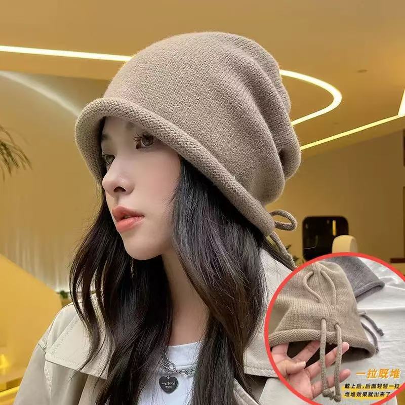 堆堆帽子女秋冬季卷边百搭保暖防寒针织大头围护耳针织抽绳包头帽|undefined