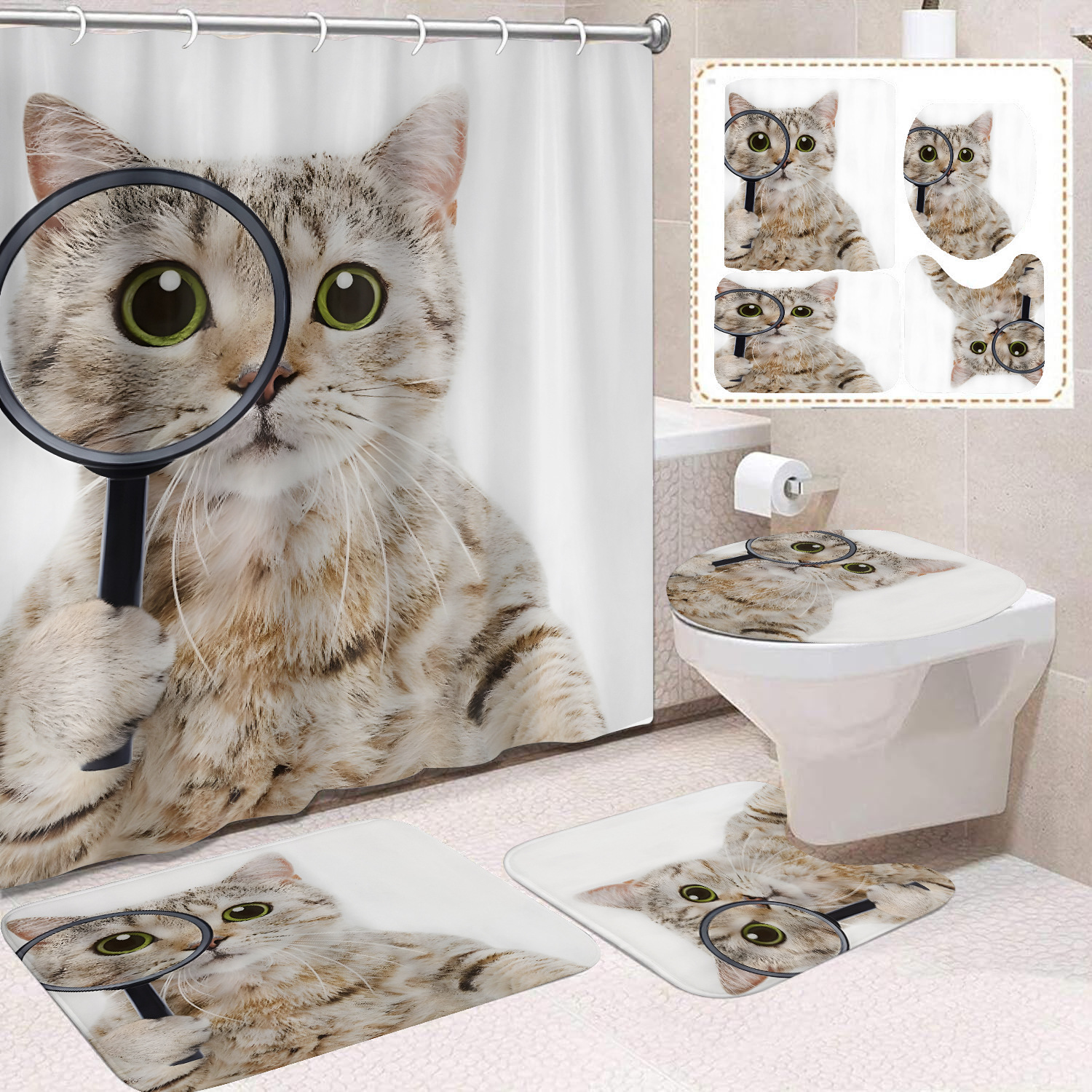 Fuente de fabricantes Amazon animales gatos niños cortina de ducha impermeable a prueba de moho cortina de ducha inodoro partición de baño divertido