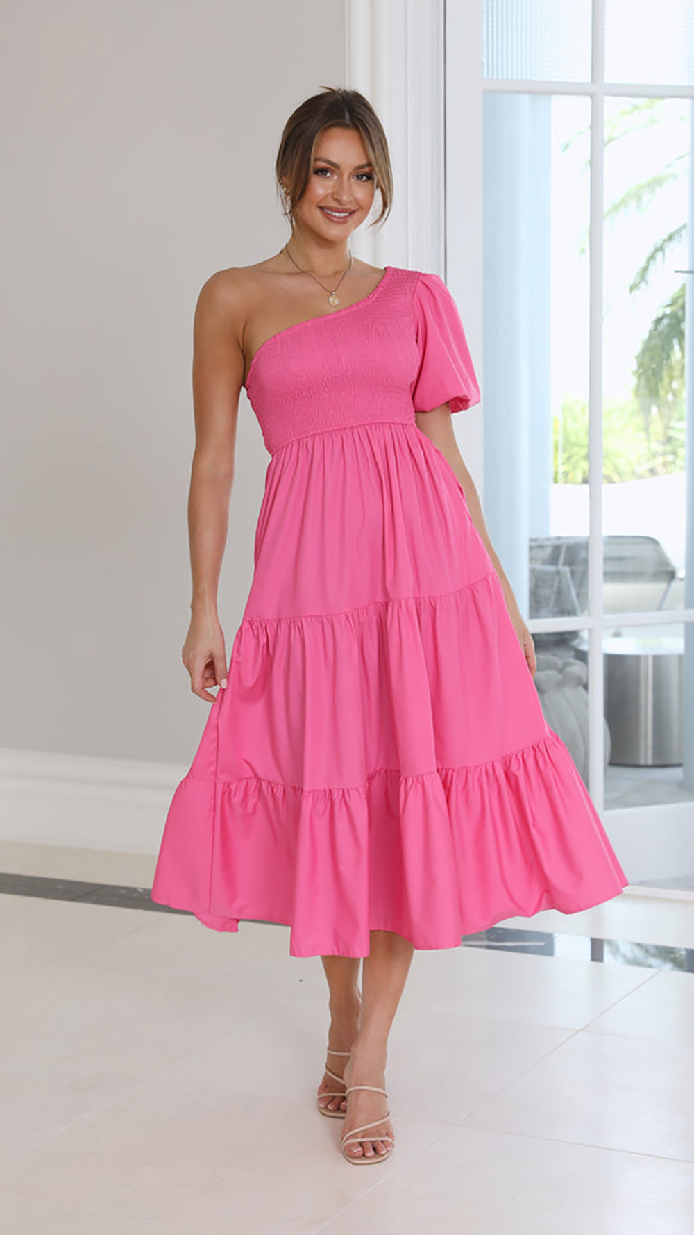 490g Weight Maxi Long Dress Dress Length Type Short Sleeve Sleeve Length Regular Dress Dresses Type Puff Sleeve Sleeve Type Polyester Fabric Type Mid Waist Waist Line Holiday, Daily Occasion Oblique collar Neckline Regular Fit Fit Type Solid Color Pattern Summer Season Women's Gender Ruffles Design Streetwear Style Wholesale Women's Streetwear Ruffles Solid Color Holiday Daily Oblique Collar Short Sleeve Regular Dress 4
