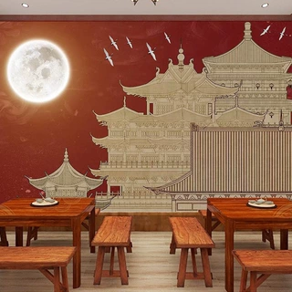 中式意境拼色山水阁楼书房电视背景墙纸壁布高端餐厅茶室包间壁画