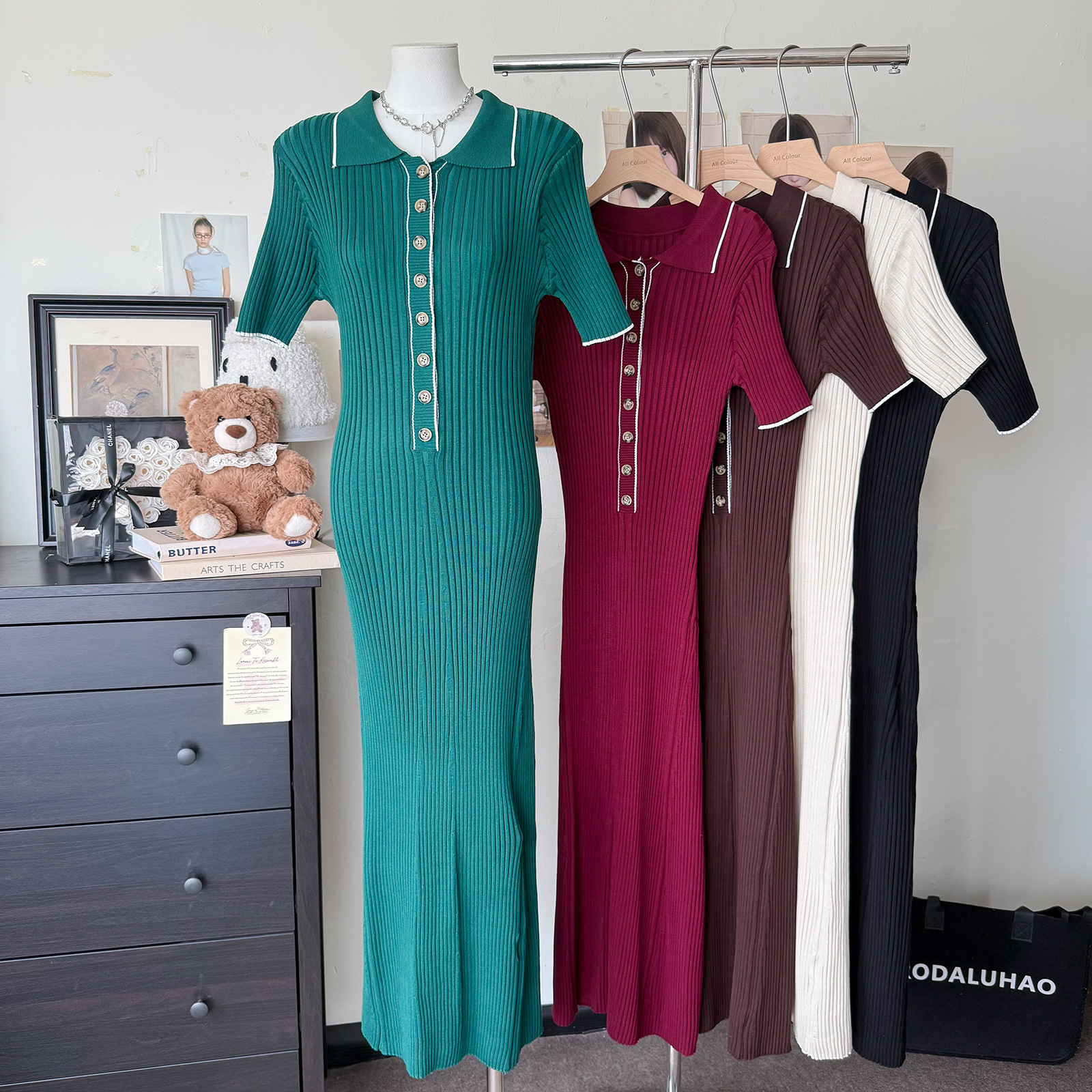 Women's Short-Sleeve Turn-Down Collar Knit Dress, Cross-Border 2025 Spring/Summer New European And American Style Ribbed_ecoleips.com