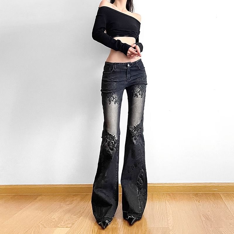 Abi Middle Ages Spice Girl Printed Pattern Micro-pants Design Retro White Slim Stretch Horseshoe Jeans Women