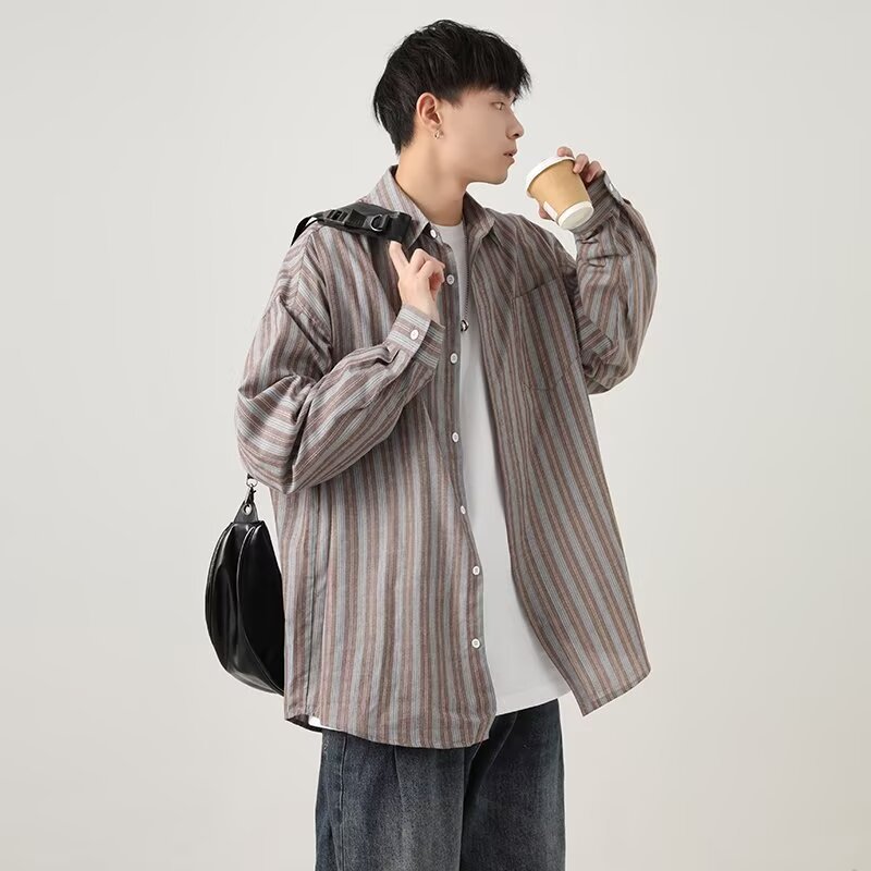 Farbblockierende vertikale Streifen für Herren im Frühling und Herbst, neuer Stil, lockere, lässige, personalisierte Hemdjacke_voghion.com