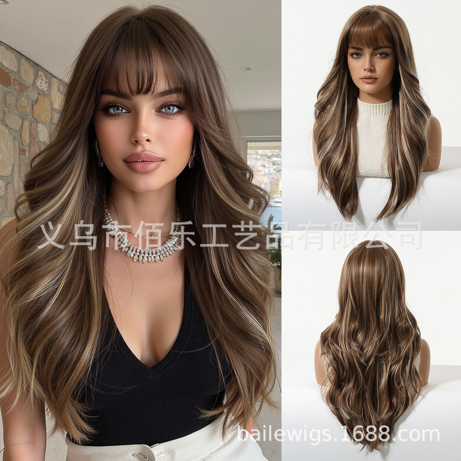 Pelucas de cabello de mujer gris frange largo rizado fibra química pelucas de cabello europeo al por mayor en stock