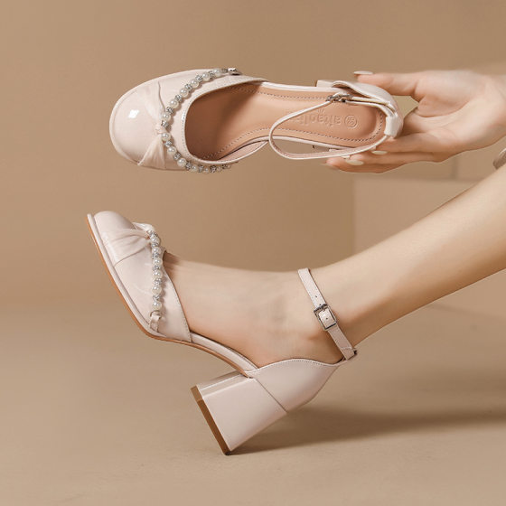 2025 New Hollow Sandals Women's Shoes Thick Heel Mid Heel Straight Button Square Head Fashionable Simple Single Shoes Women's Korean Style Shoes