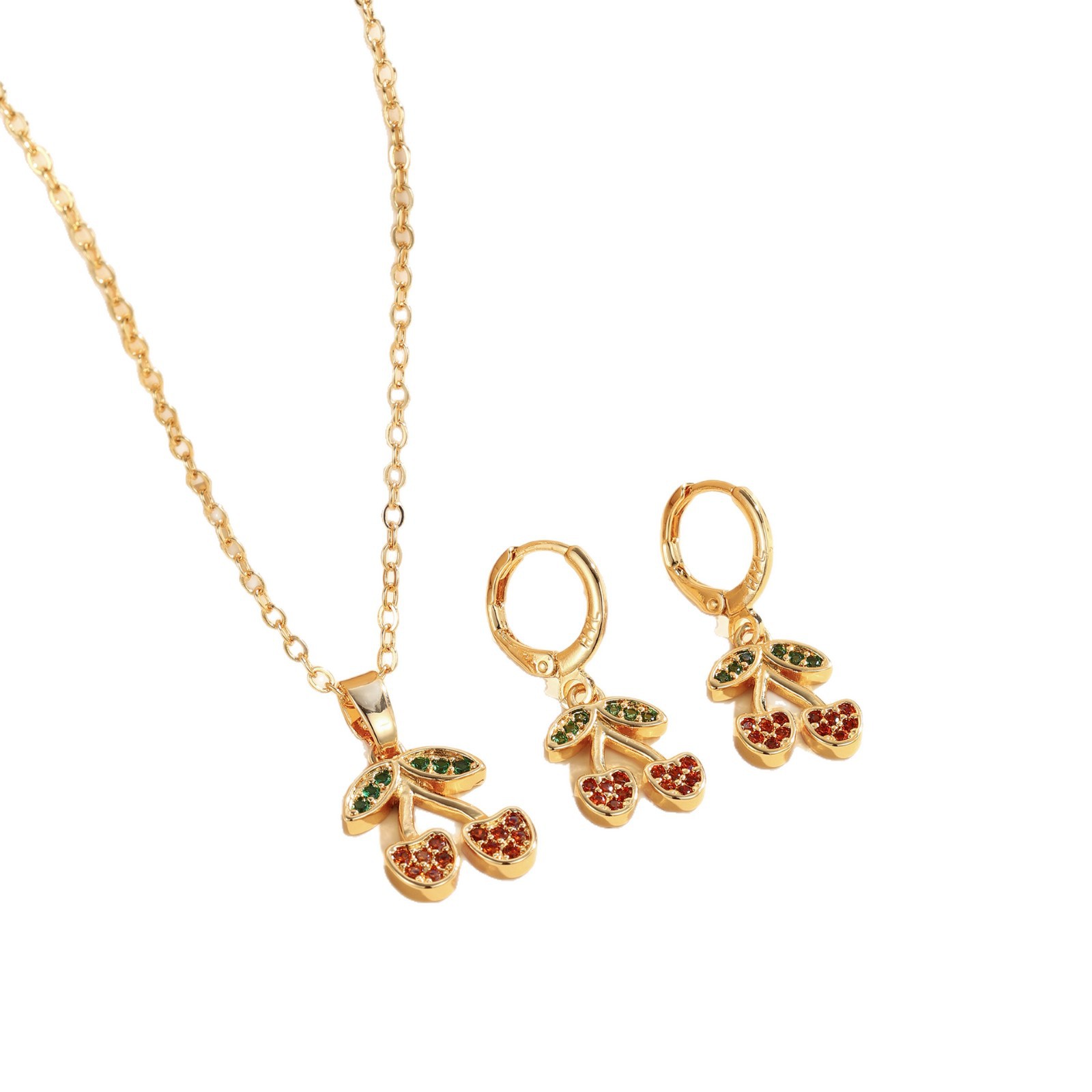Nueva moda cobre dorado pendientes collares colgante cadena de clavícula fruta de cereza temperamento conjunto de joyas al por mayor