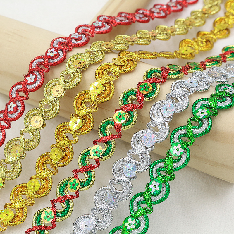 Cinta ondulada en forma de S de alambre de oro y plata de 1,5 cm, lentejuelas de ciruela láser, decoración de linterna de encaje, accesorios de ropa de escenario